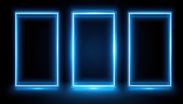 High quality photo of three vertical blue neon rectangles on a dark background.