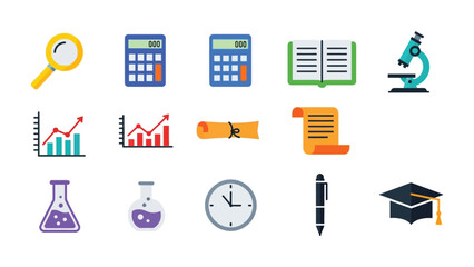 Education and Science Icon Set: An array of vibrant, minimalist icons capturing the essence of education, from magnifying glasses to microscopes, each a symbol of learning. 