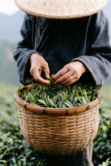 In a picturesque hillside plantation, a tea picker carefully plucks fresh tea leaves while wearing a woven basket on their back. The tranquil morning light enhances the serene landscape