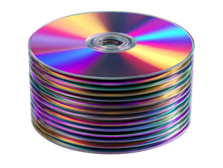Stack of colorful iridescent C Ds or DV Ds disc pile isolated on a transparent background