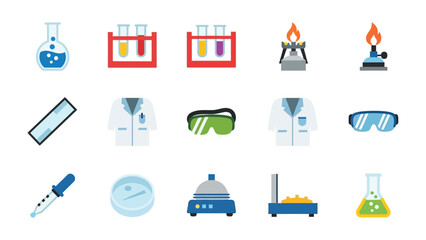 Laboratory Icons: A detailed, eye-catching collection of colorful laboratory icons. They are set on a clean, unobtrusive background. Showcasing glassware, beakers, microscopes.