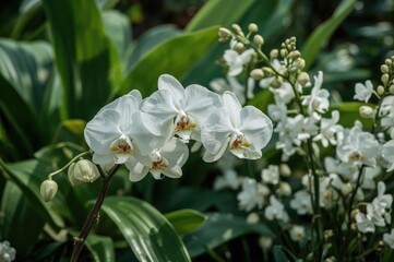 Morning blossoms of orchids with a lush green backdrop