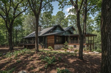 Wide-angle view of a stylish contemporary home surrounded by lush greenery