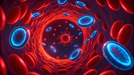 Abstract visualization of a blood vessel with glowing cells and a central virus particle