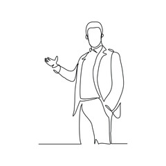 continuous line of standing business man show presentation office meeting gesture. Vector illustration editable stroke sketch drawing of business concept