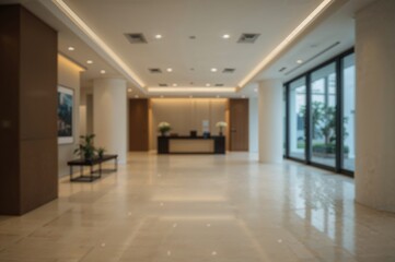 Fototapeta premium Modern luxury lobby featuring a reception desk and a white interior with a glass wall and hallway in the background