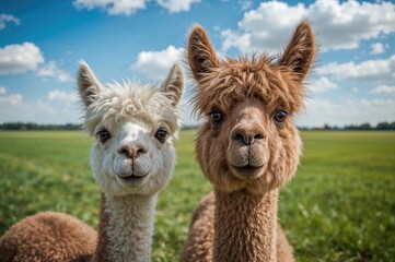 Fototapeta premium Close-up of a pair of inquisitive brown and white alpacas gazing at the camera in a lush green meadow under bright summer sunlight