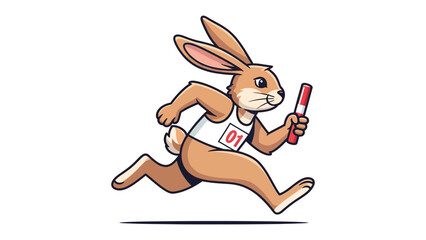 Animated Athlete Hare: A determined hare, sporting a competition bib, sprints forward with a relay baton, a cartoonish embodiment of speed, competition, and the thrill of the race. © Atiya
