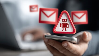 Hand holds phone with email and robot warning