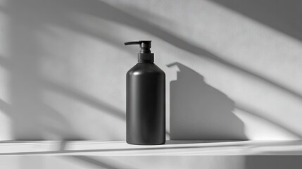 A matte black cylindrical pump bottle sits on a white shelf against a white wall, illuminated by sunlit shadows creating a minimalist, elegant aesthetic