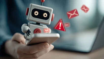 A small robot holding a phone with email error icons