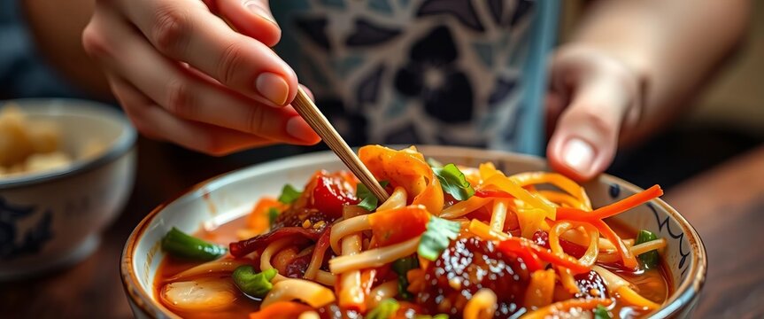 Close-up of hands using chopsticks to eat Asian cuisine,  tradition,  female