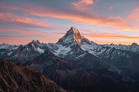 Wide-angle scene of snow-covered mountain peaks illuminated by the warm glow after dusk