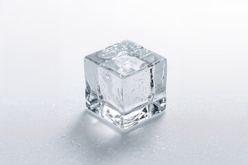 Single transparent ice cube on a white background