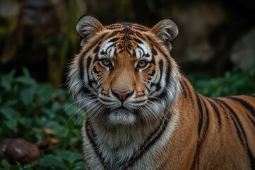 Fototapeta premium Close-up of a vigilant Royal Bengal tiger gazing directly at the lens