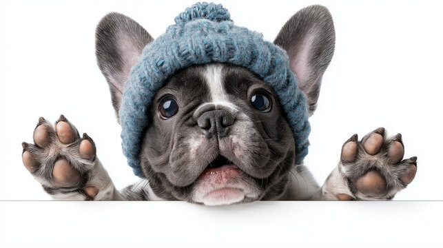 a happy French bulldog wearing a winter hat, peeking out from behind a wall with his paws out and his tongue hanging out slightly, holding a white banner