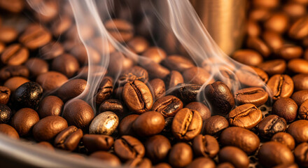 shot of coffee beans during roasting. Smoke comes from fresh coffee seeds