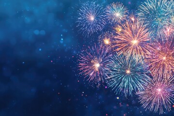 Fireworks burst in vibrant colors against a deep blue night sky