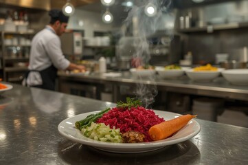 Obraz premium In a lively eatery, the scent of freshly cooked dishes permeated the atmosphere while the cook assembled a vivid dish featuring red rice and fresh vegetables like bright carrots.