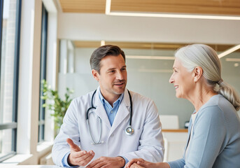 Fototapeta premium Friendly male doctor in a white coat discussing a medical issue with a senior female patient in a clinic