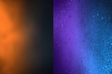 Abstract split image, warm orange on left, cool blue-purple on right, speckled texture