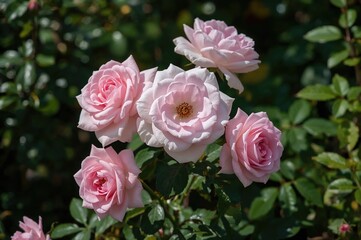 Blossoming pink rose blossoms in a garden setting