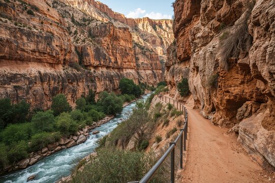 Trails Along a Scenic River Gorge with Handrails