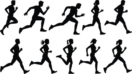 Running, Silhouette, Male, Female, Jogging, Motion, Athletic, Fitness, Black Figures, Profile View, Stride, Speed, Exercise, Sport, Human, Movement, Isolated, White Background, Biomechanics, Training