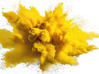 Bright yellow powder explosion against white background