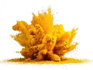 Bright yellow powder explosion against white background (1)