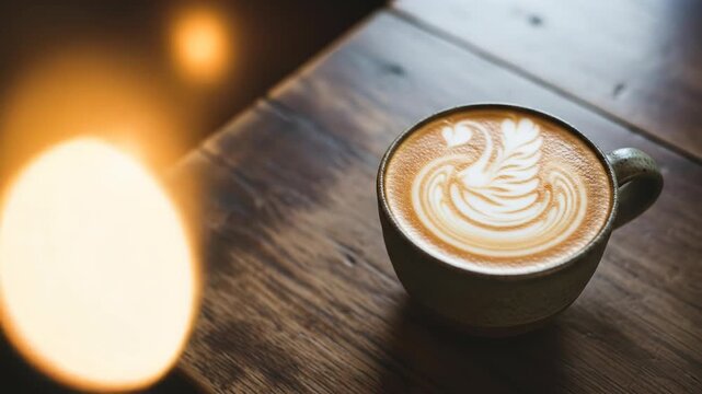 A latte art swan graces a speckled mug on a rustic wooden table, bathed in soft, warm light