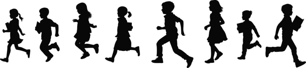 Obraz premium Running Children Silhouettes, School Kids, Black Vector Icons, Motion Poses, Childhood Activity, Education Concept, Isolated, Graphic Design Elements