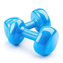 Pair of bright blue dumbbells isolated on white.  Two glossy,  smooth-surfaced dumbbells,  a vibrant shade of azure, are angled slightly.  Their ends are tapered