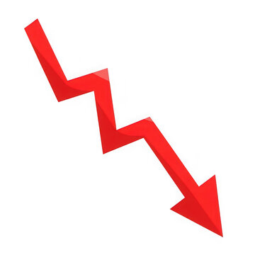 A red zigzag arrow pointing downwards on a black background representing a sharp decline graphic isolated on a transparent background