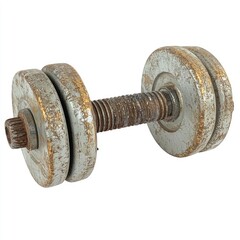 Weathered dumbbell, light gray metal with hints of gold.  Heavy weight, vintage style, isolated on white