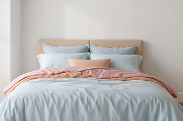 Double bed with pastel blue, pink, and orange bedding in a room setting
