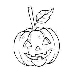 Smiling jack-o'-lantern with leaf and stem, outlined for Halloween coloring pages and autumn-themed designs