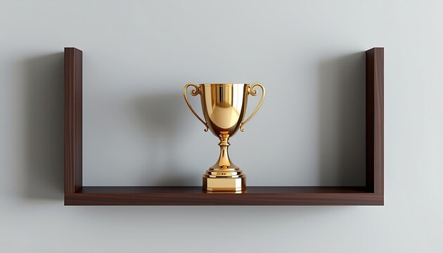 Golden trophy displayed on a modern wooden shelf in minimalist interior