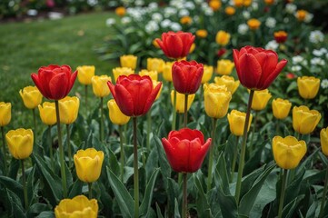 Fototapeta premium View from an angle showcasing red tulips mixed with yellow ones
