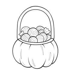 Pumpkin-shaped basket filled with candies, outlined for Halloween coloring pages and festive designs