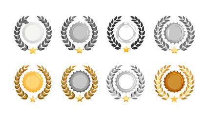 Set of laurel wreath award medals with star for achievements and success in gold silver and bronze 100