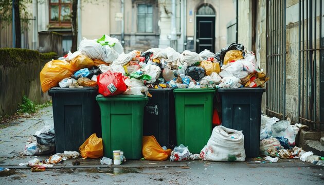 Trash Bins And Sacks Filled With Waste And Garbage Overflowing In The Streets, Creating A Messy And Unsightly Environment For Public Spaces.