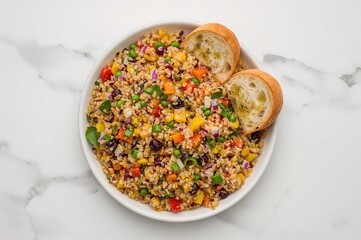Grated Vegetable Quinoa Salad Served with Herb Dressing and Bread Slices