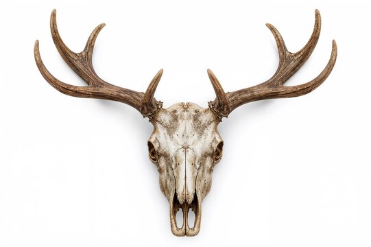 Ancient reindeer skull displayed against a plain white backdrop