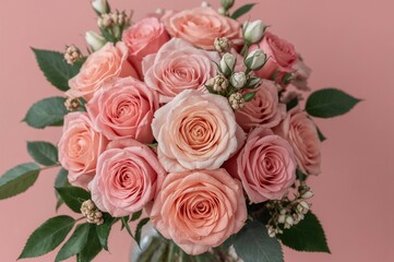 Bouquet of roses in soft pastel and vibrant coral hues. Floral design perfect for celebrations like weddings or Women's Day.