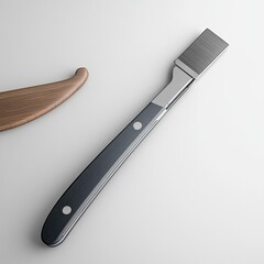 A sleek, dark-handled scraper tool, angled, with a metal blade.  A portion of a wooden handle is visible in the background