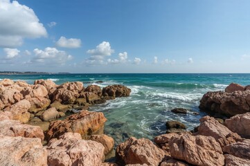 Rocks made of pink granite along a coastline