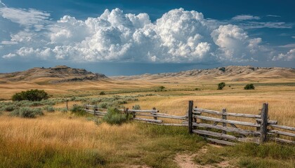 Open prairie landscape with a weathered wooden fence under a dramatic sky
