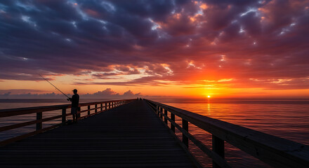 Man fishing alone on wooden pier at sunset, peaceful evening atmosphere, outdoor leisure and hobby concept
