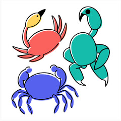 Three stylized crabs in red blue and teal with black outlines